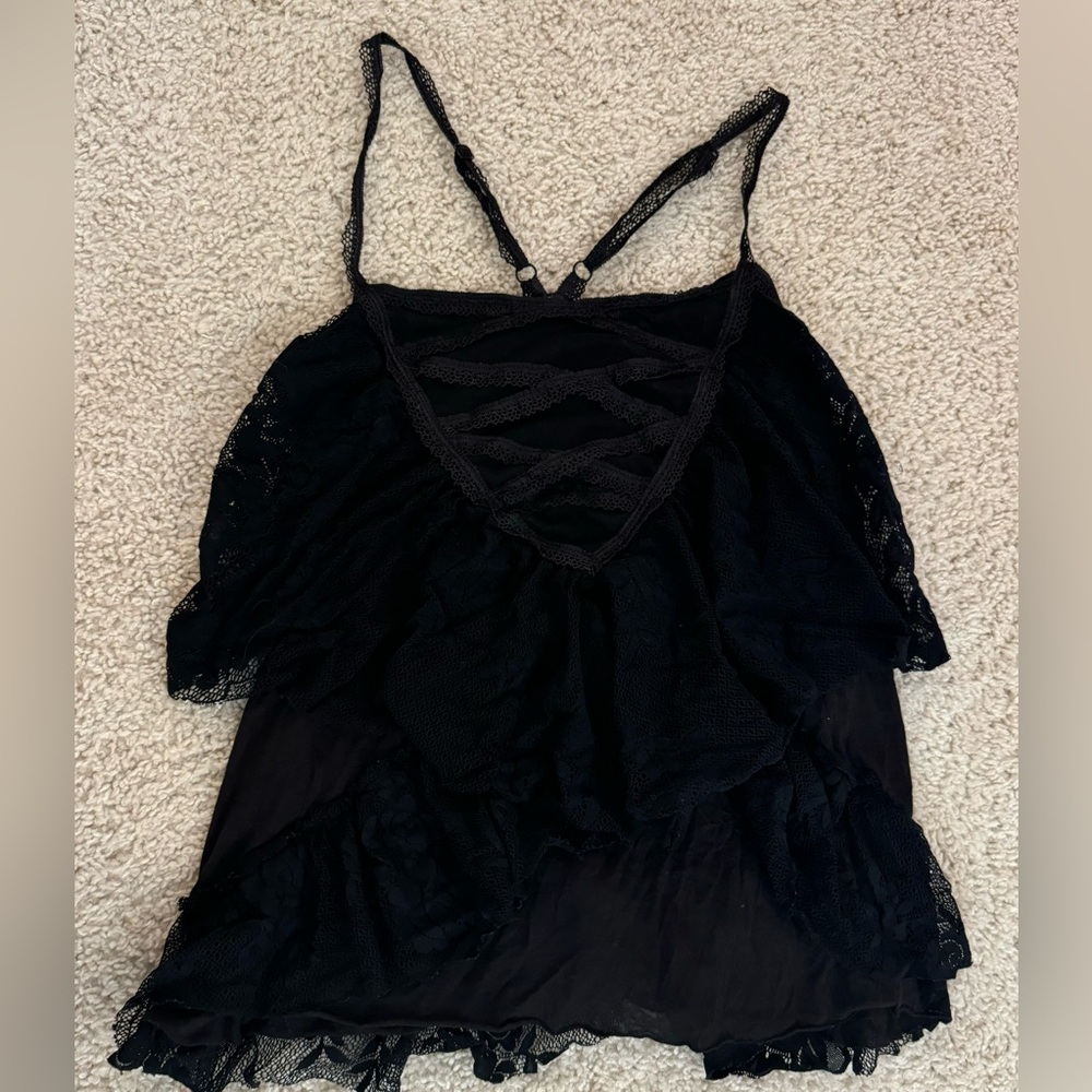 Free People black lace boho ruffle baby doll tank top size small